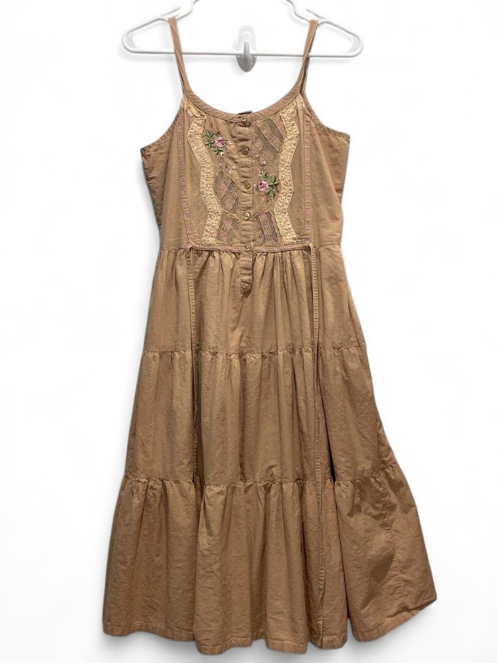 Tiered Tan Embroidered Midi Sundress with Spaghetti Straps